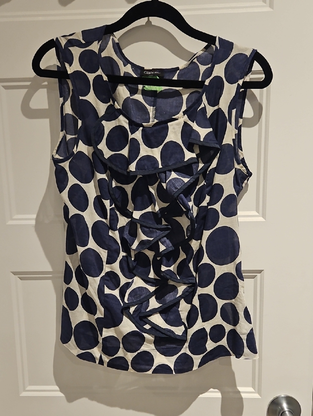 Sleeveless Polka Dot Ruffle Front Blouse - Navy and White